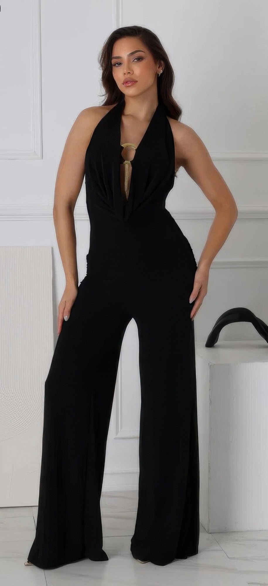 Plunge Cowl Neck Drape Sexy Jumpsuit With O Ring - Flip Flop Dynasty