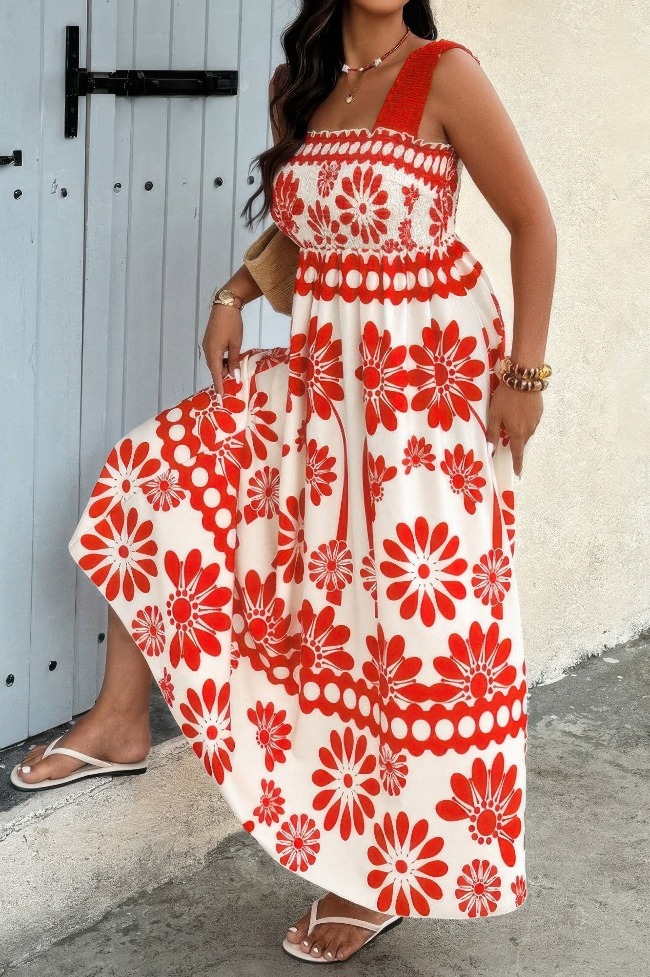 Plus Floral Printed Square Neck Wide Strap Dress - Flip Flop Dynasty