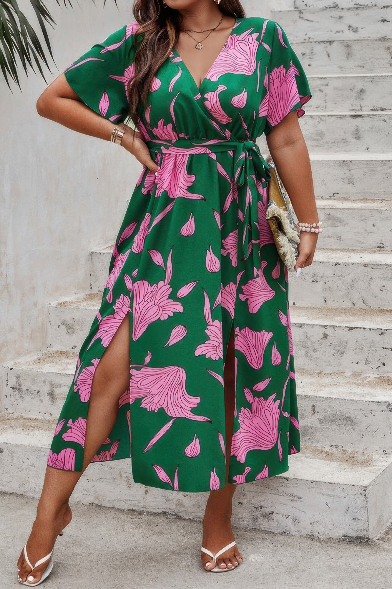Plus Floral Short Sleeve Split Belted Midi Dress - Flip Flop Dynasty