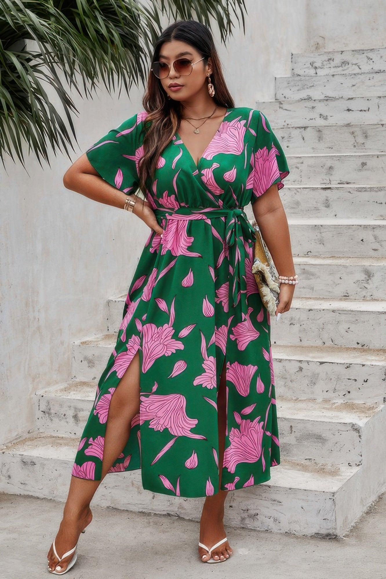 Plus Floral Short Sleeve Split Belted Midi Dress - Flip Flop Dynasty