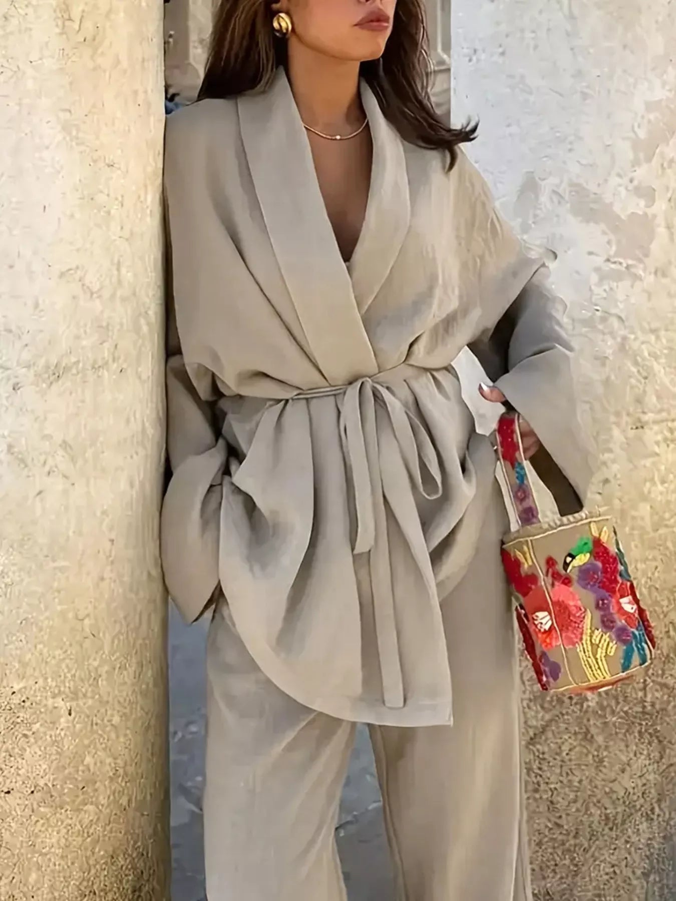 Plus Size Belt Long Sleeve Blazer and Pants Set - Flip Flop Dynasty