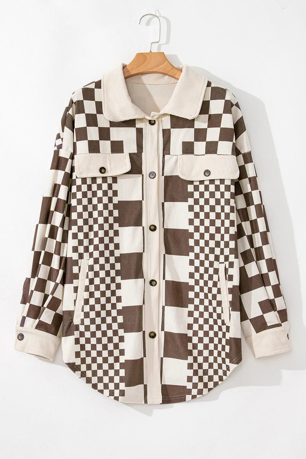 Plus Size Checkered Button Up Long Sleeve Jacket - Flip Flop Dynasty