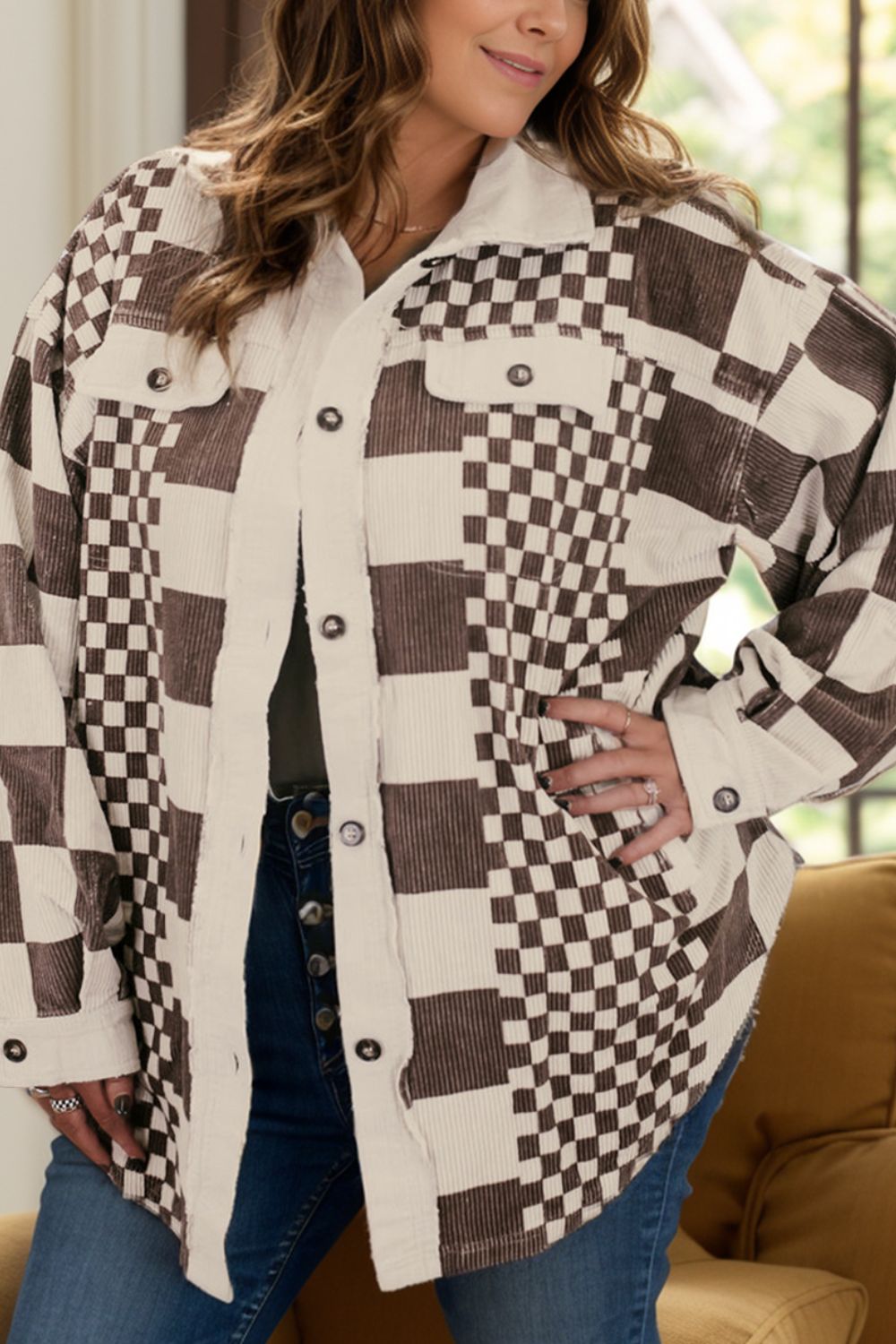 Plus Size Checkered Button Up Long Sleeve Jacket - Flip Flop Dynasty