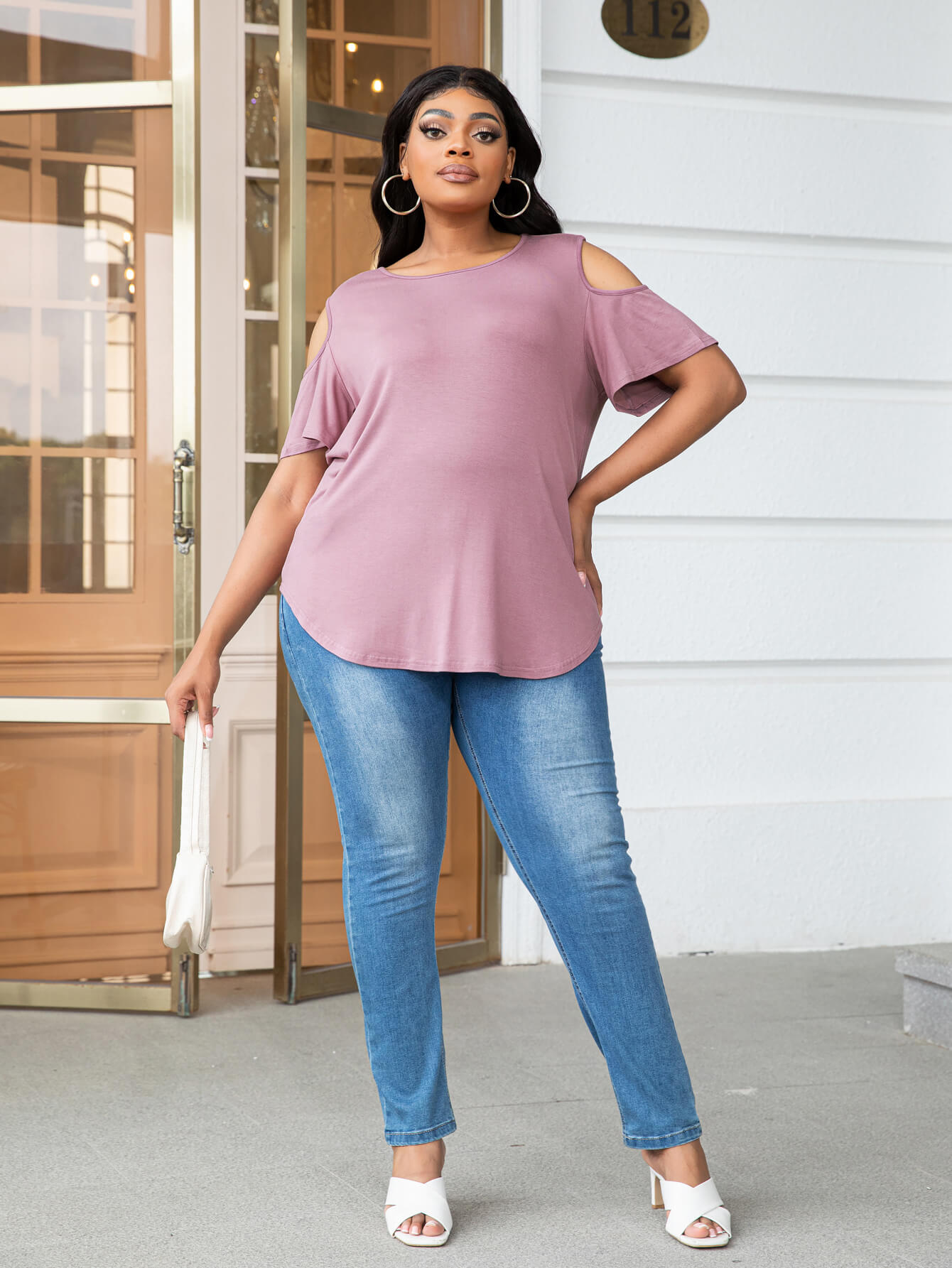 Plus Size Cold - Shoulder Round Neck Curved Hem Tee - Flip Flop Dynasty