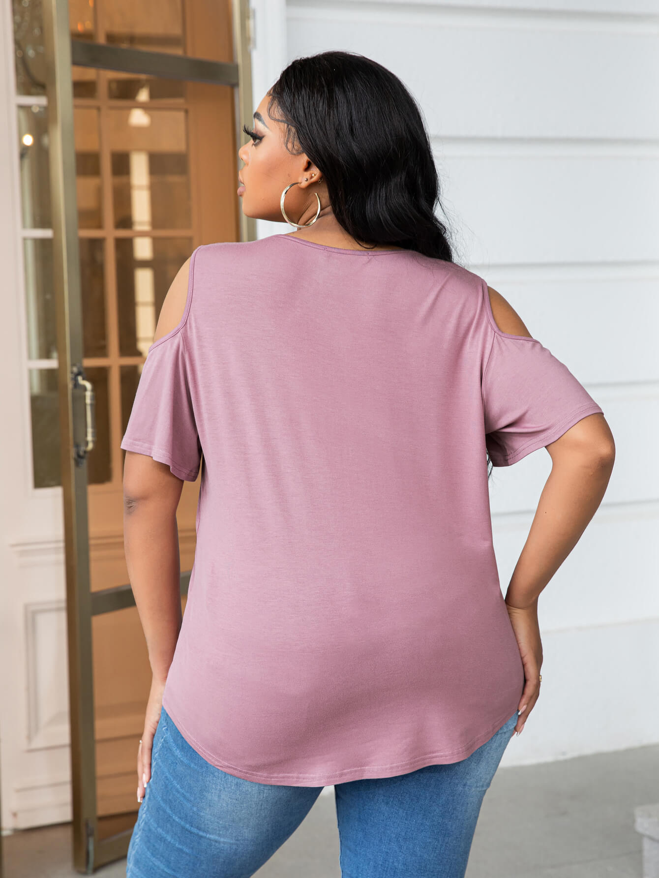 Plus Size Cold - Shoulder Round Neck Curved Hem Tee - Flip Flop Dynasty