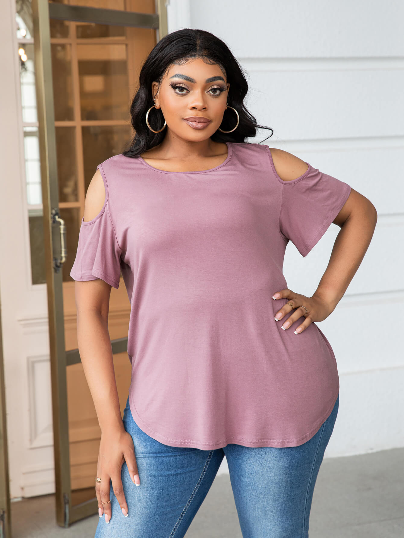 Plus Size Cold - Shoulder Round Neck Curved Hem Tee - Flip Flop Dynasty