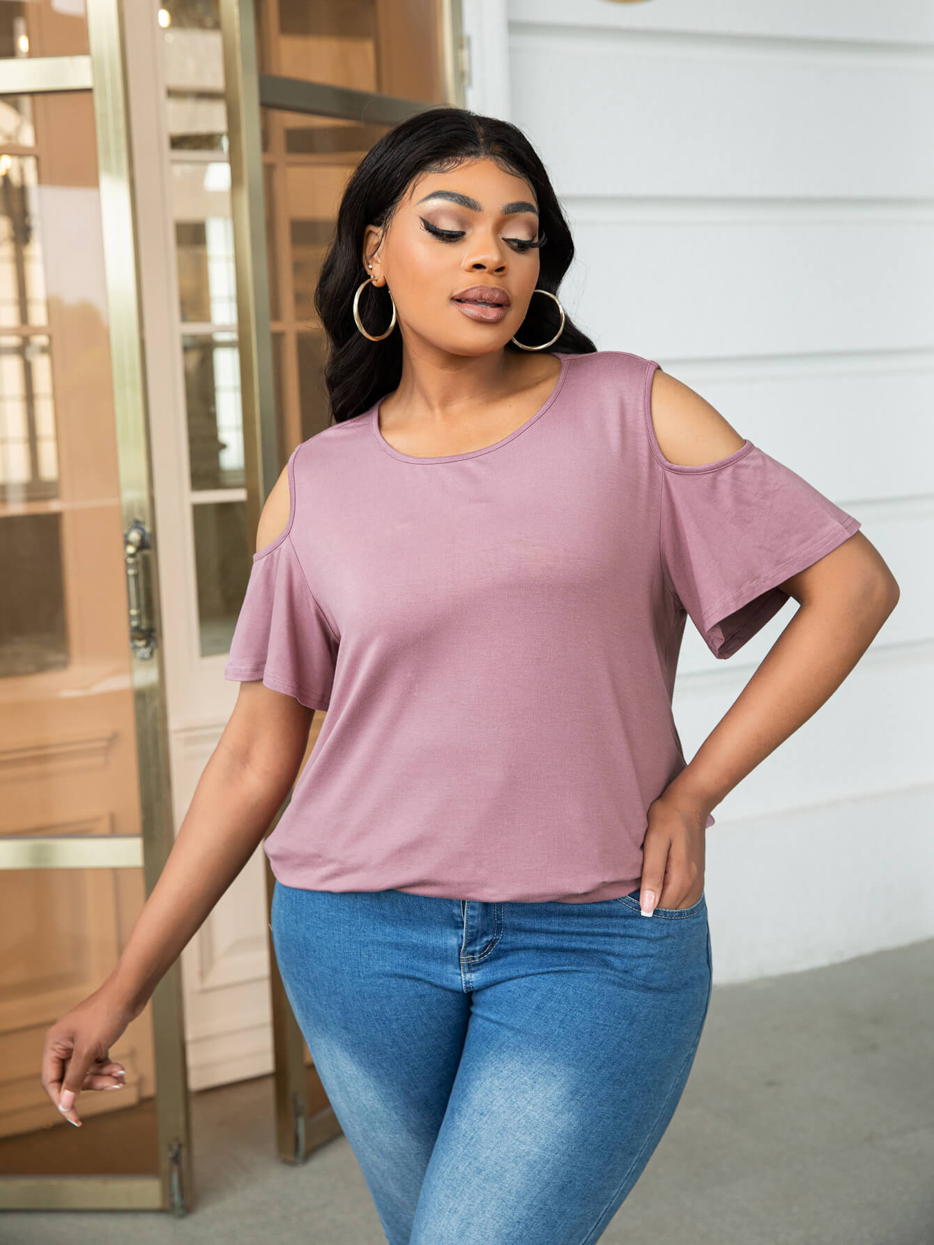 Plus Size Cold - Shoulder Round Neck Curved Hem Tee - Flip Flop Dynasty