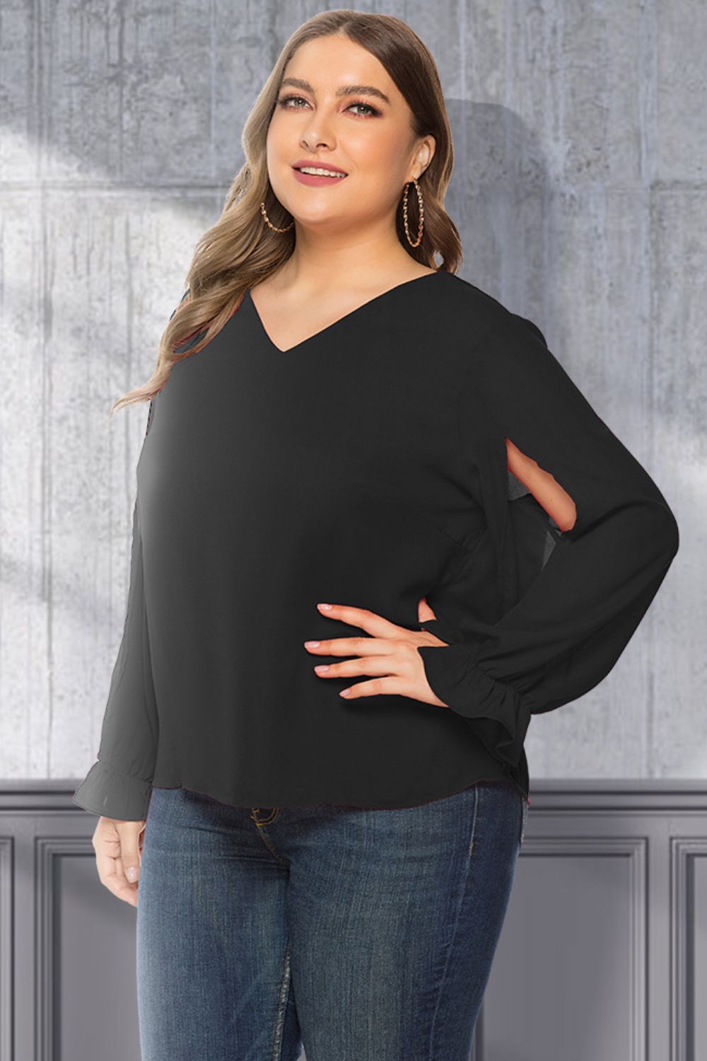 Plus Size Cutout Flounce Sleeve Blouse - Flip Flop Dynasty