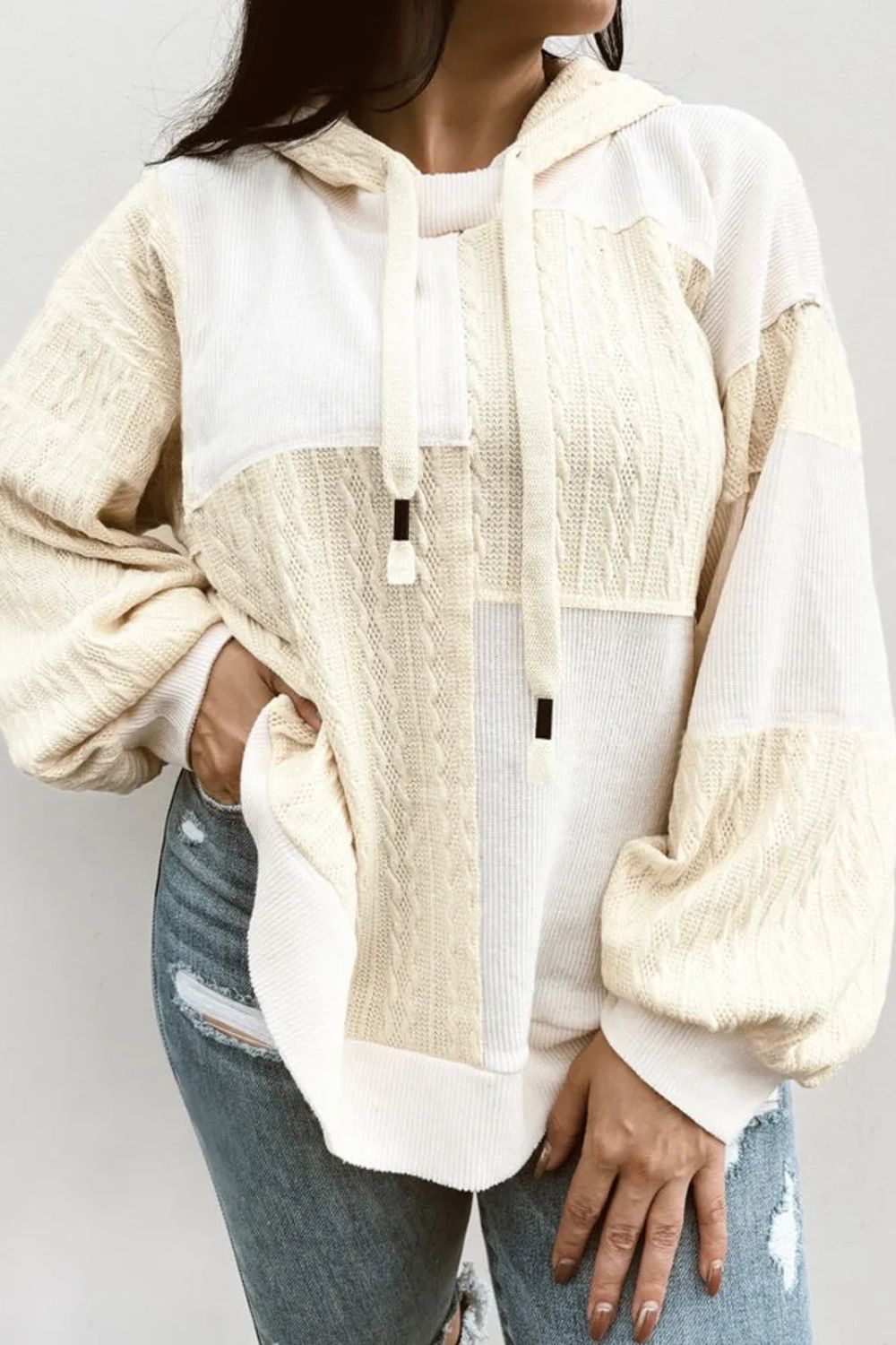 Plus Size Drawstring Color Block Long Sleeve Hoodie - Flip Flop Dynasty