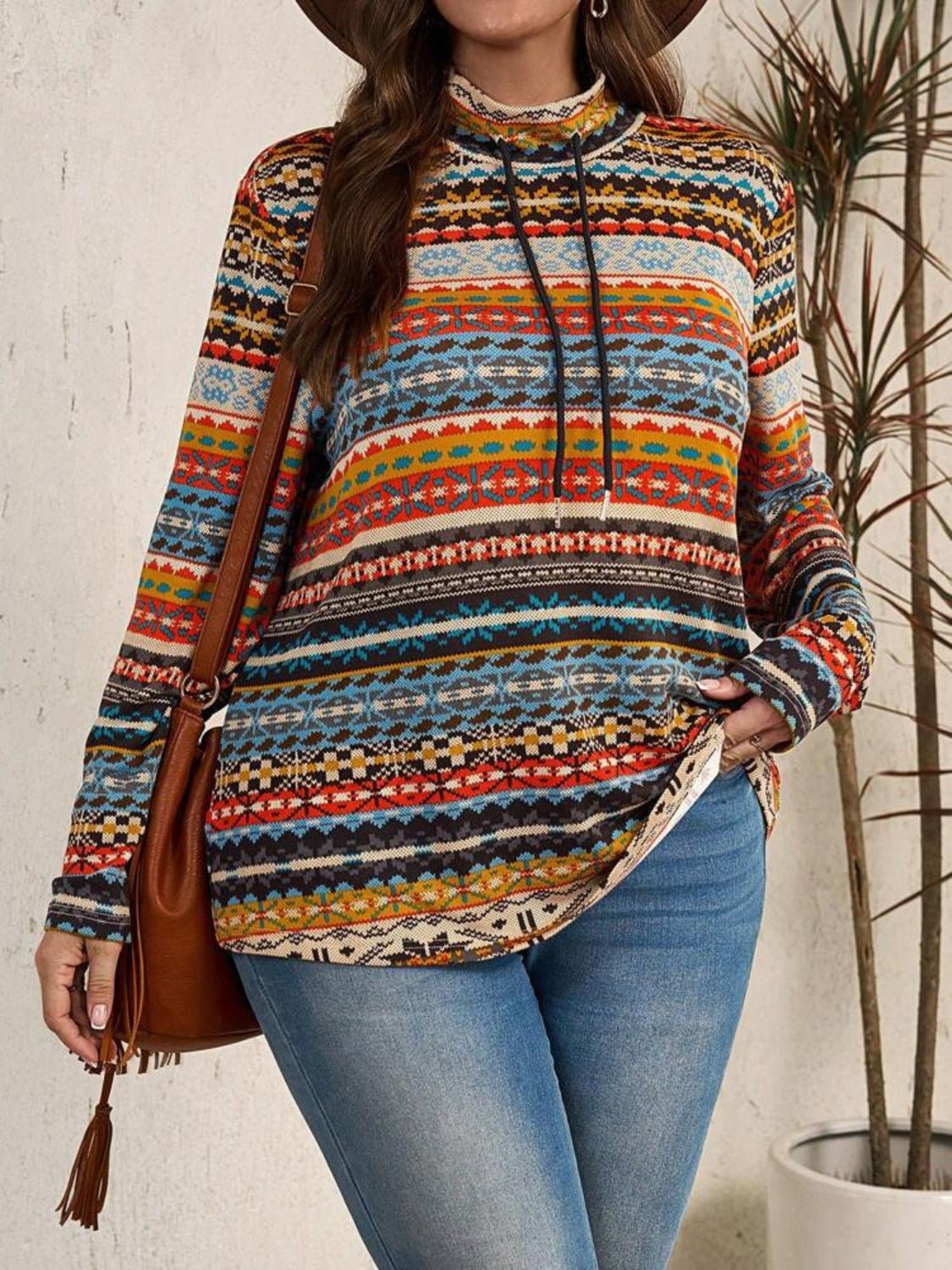 Plus Size Drawstring Printed Mock Neck Long Sleeve Top - Flip Flop Dynasty