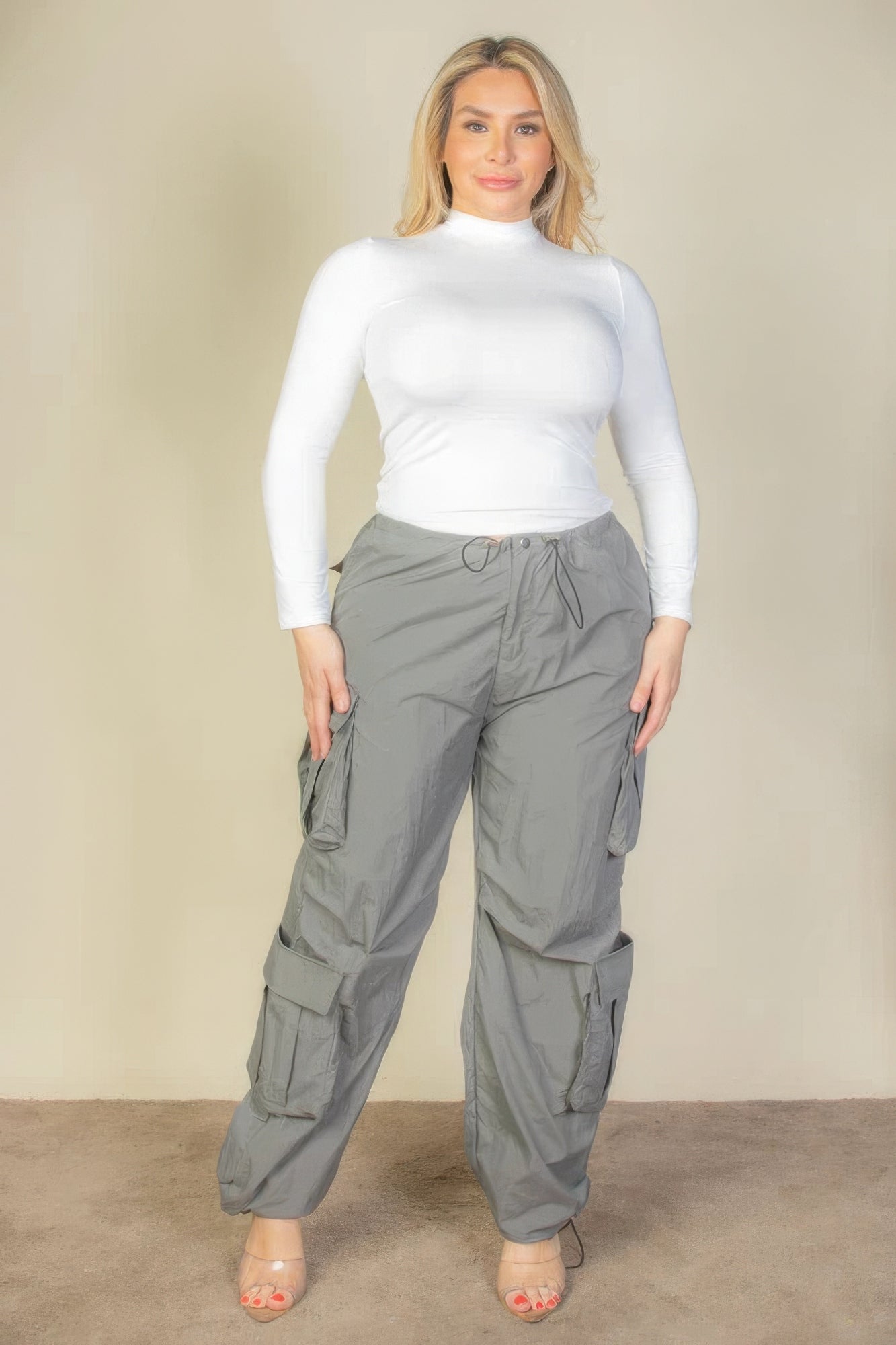 Plus Size Flap Pockets Drawstring Ruched Parachute Pants - Flip Flop Dynasty