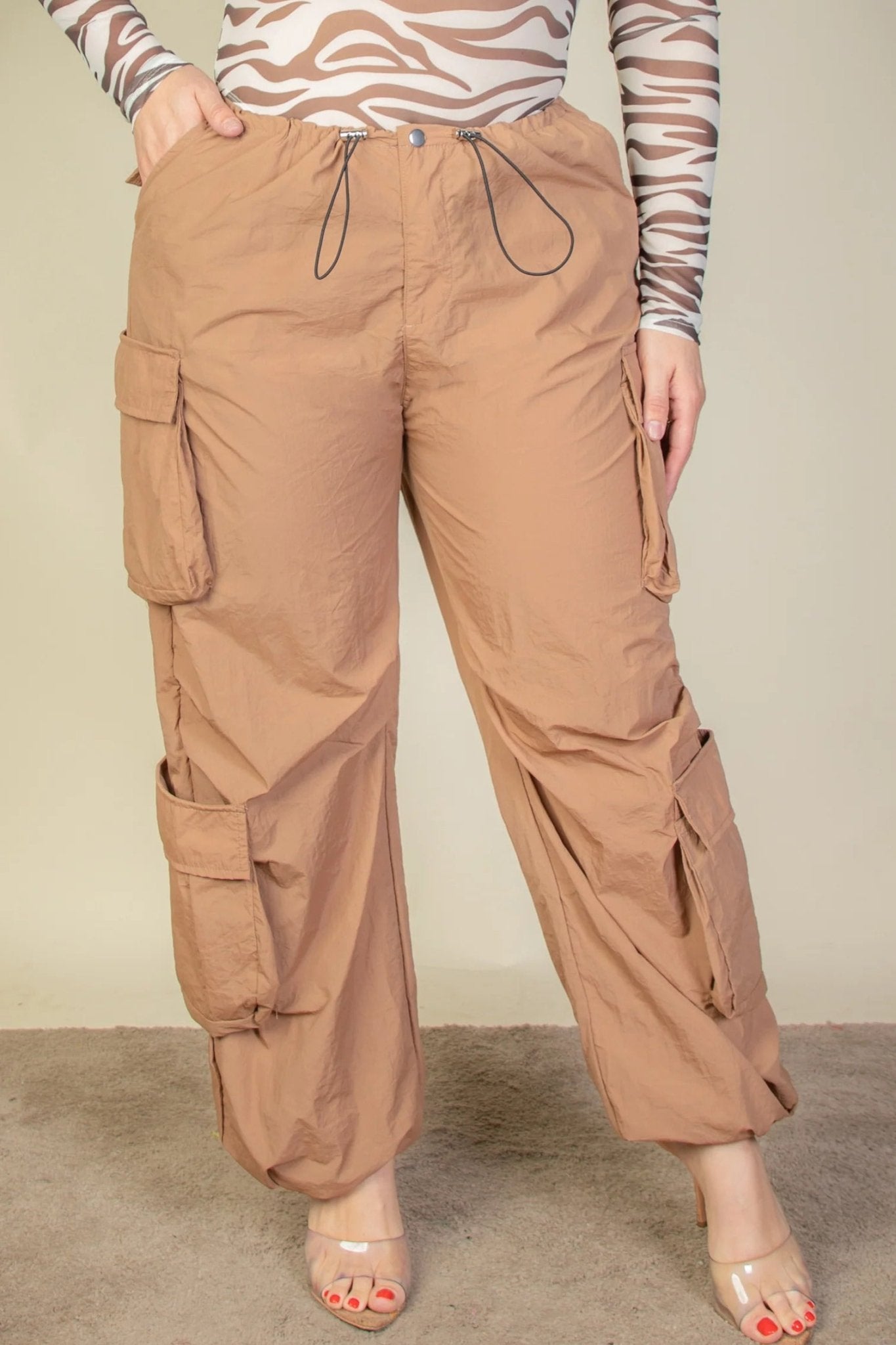 Plus Size Flap Pockets Drawstring Ruched Parachute Pants - Flip Flop Dynasty