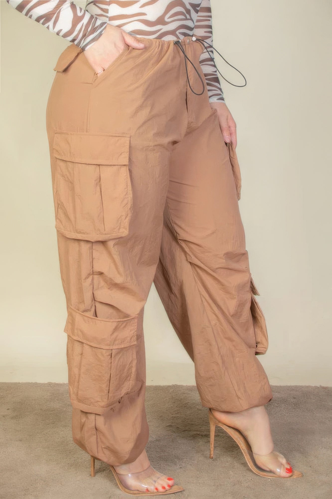 Plus Size Flap Pockets Drawstring Ruched Parachute Pants - Flip Flop Dynasty