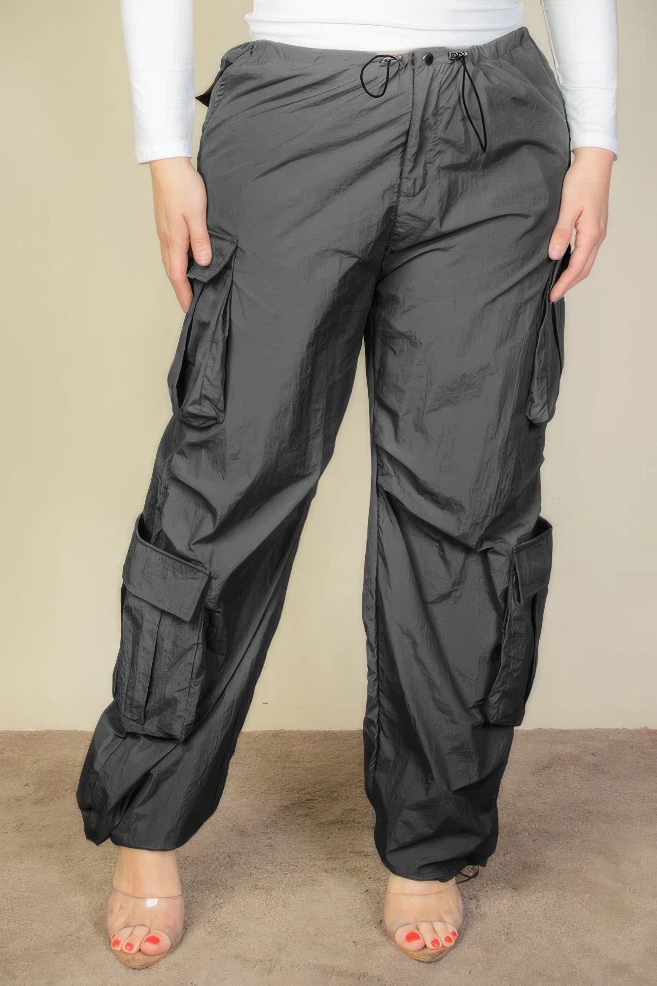 Plus Size Flap Pockets Drawstring Ruched Parachute Pants - Flip Flop Dynasty