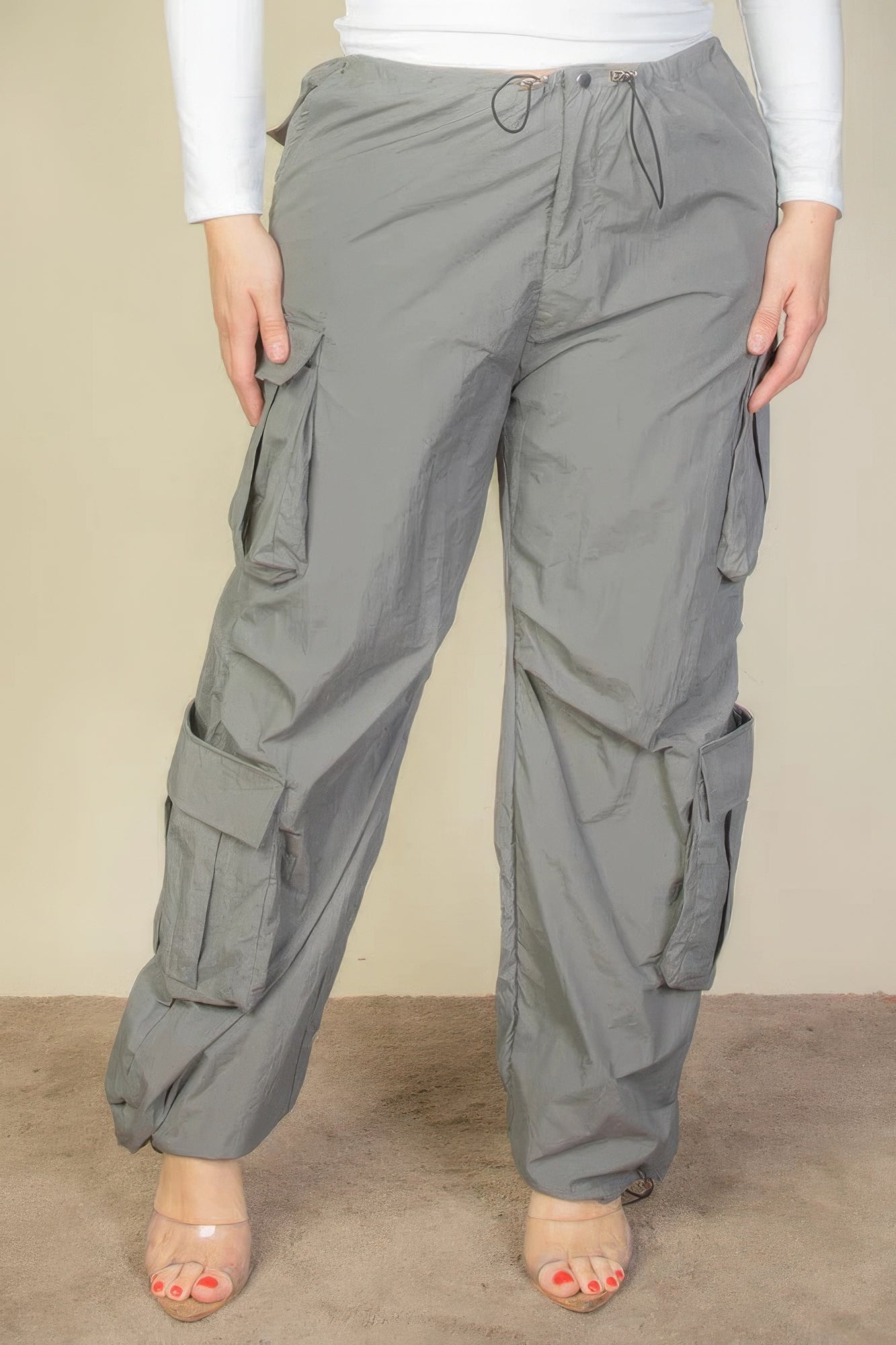 Plus Size Flap Pockets Drawstring Ruched Parachute Pants - Flip Flop Dynasty