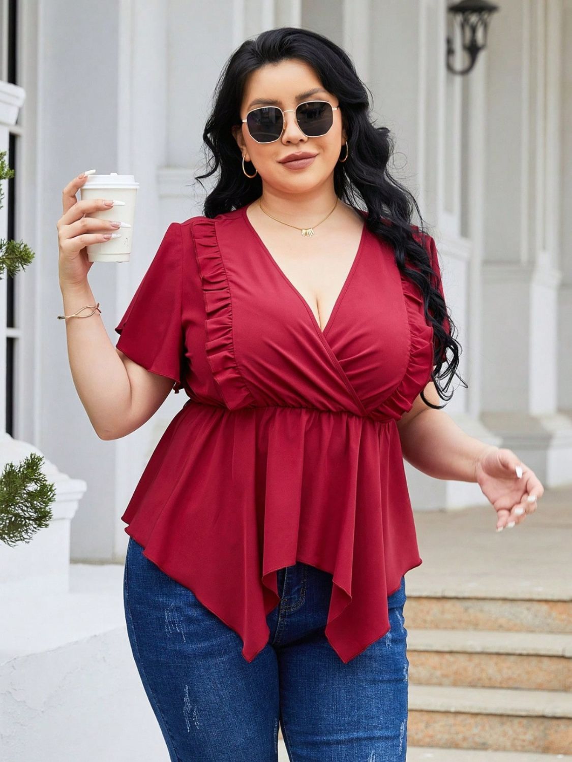 Plus Size Frill Surplice Flutter Sleeve Blouse - Flip Flop Dynasty