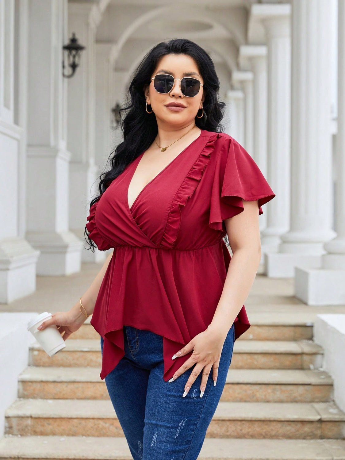 Plus Size Frill Surplice Flutter Sleeve Blouse - Flip Flop Dynasty