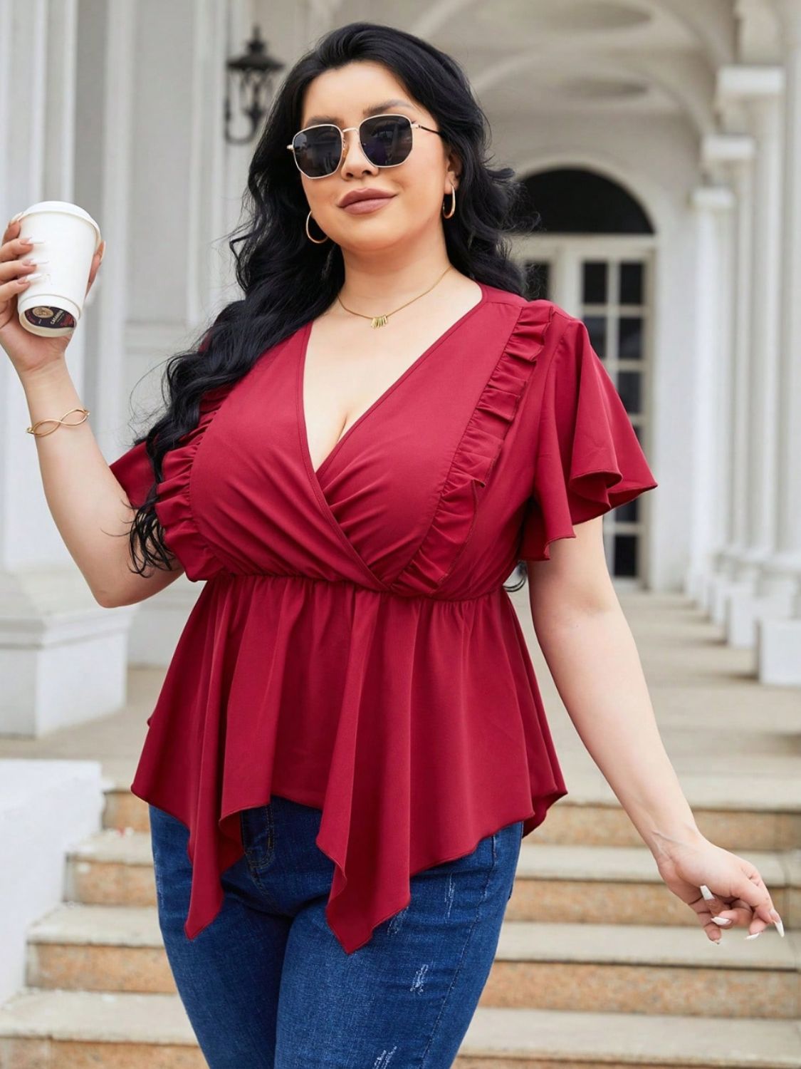 Plus Size Frill Surplice Flutter Sleeve Blouse - Flip Flop Dynasty