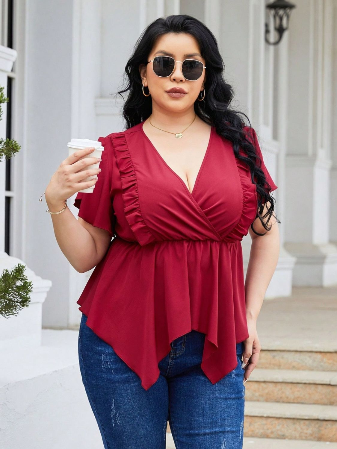 Plus Size Frill Surplice Flutter Sleeve Blouse - Flip Flop Dynasty