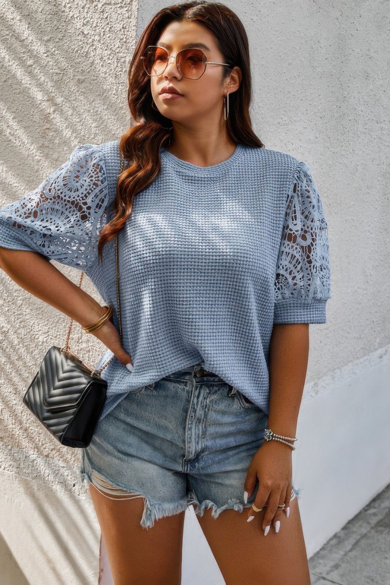 Plus Size Knit Color Block Lace Solid Fit Shirt - Flip Flop Dynasty