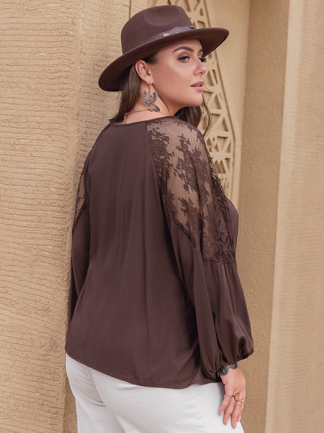 Plus Size Lace Detail Tie Neck Long Sleeve Blouse - Flip Flop Dynasty