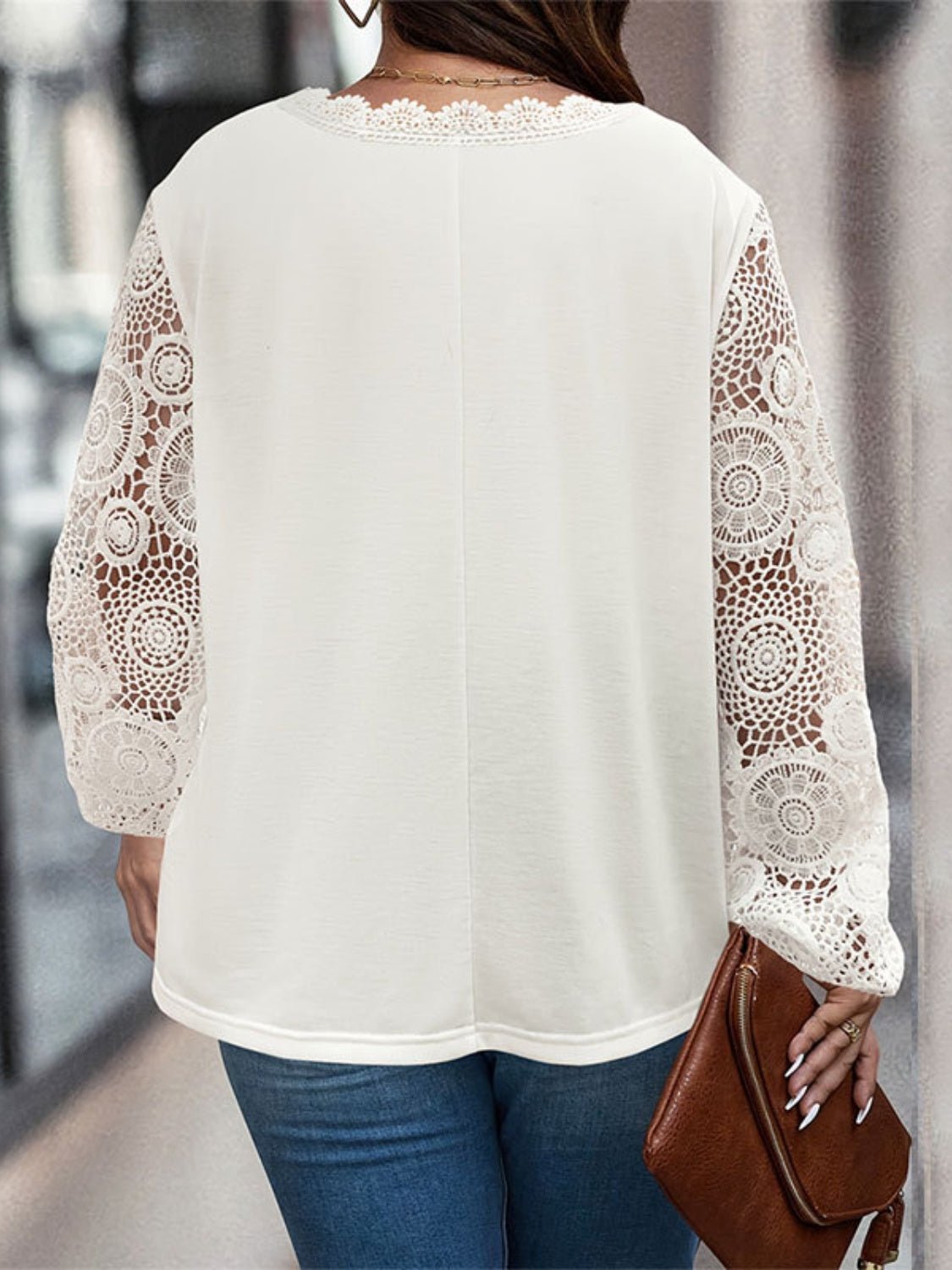 Plus Size Lace Detail V - Neck Long Sleeve T-Shirt - Flip Flop Dynasty