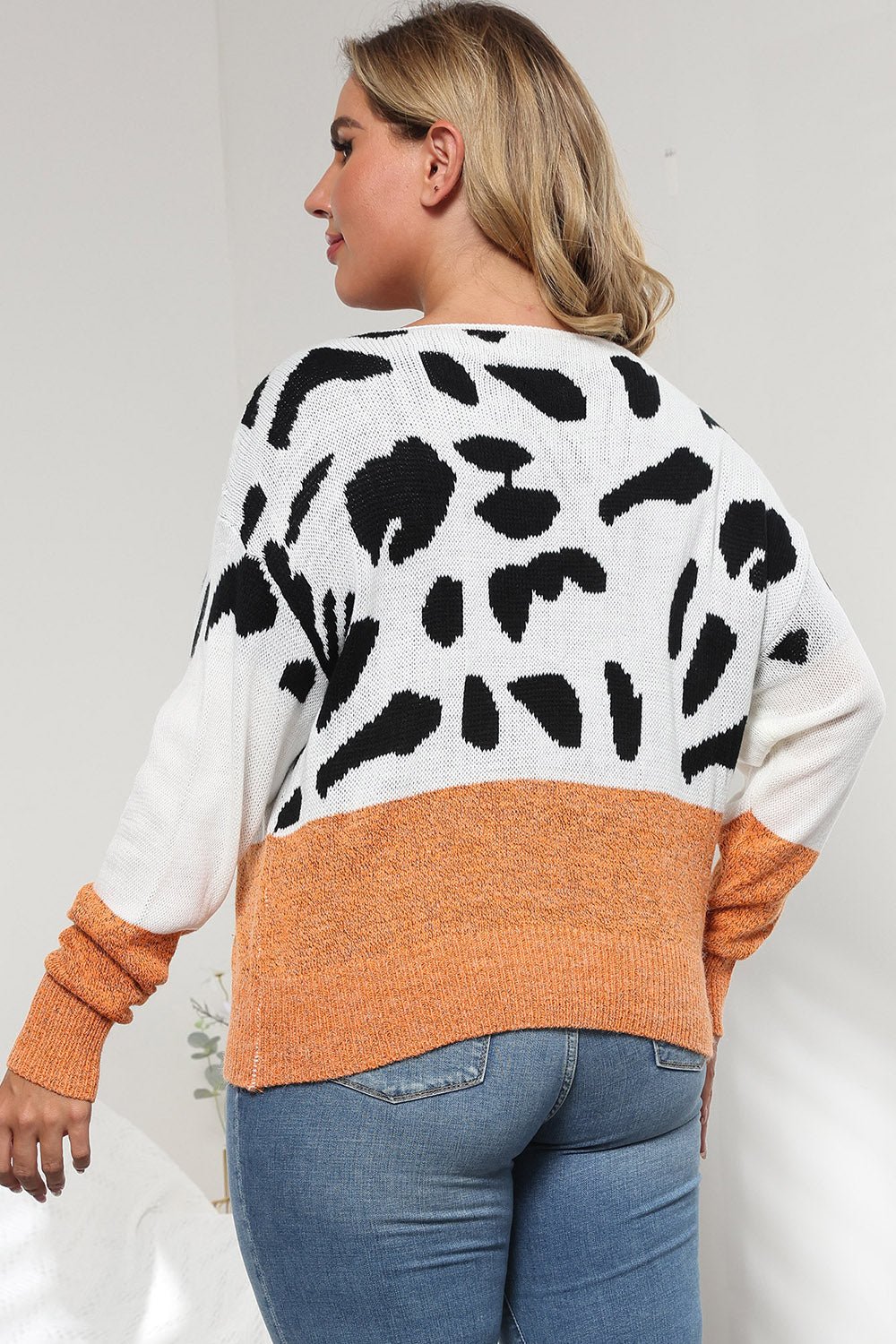Plus Size Leopard Round Neck Long Sleeve Sweater - Flip Flop Dynasty