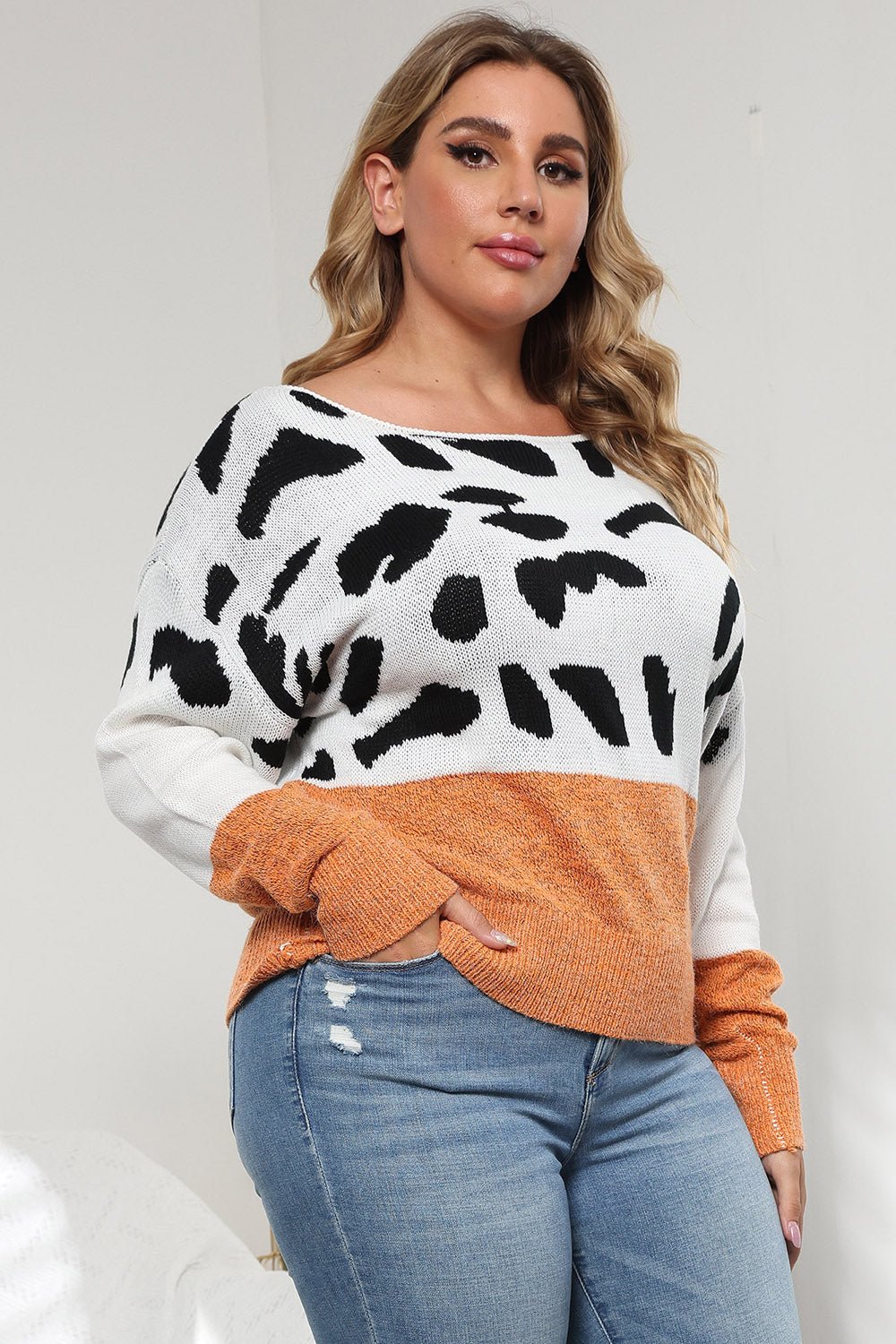 Plus Size Leopard Round Neck Long Sleeve Sweater - Flip Flop Dynasty