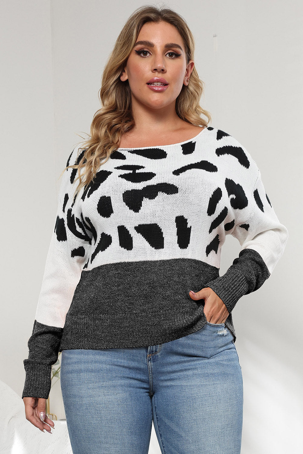Plus Size Leopard Round Neck Long Sleeve Sweater - Flip Flop Dynasty