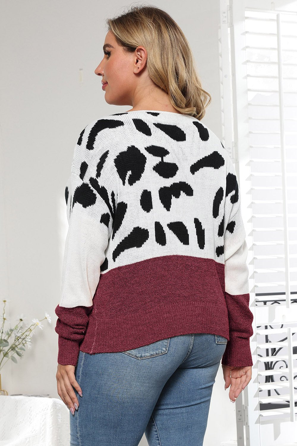 Plus Size Leopard Round Neck Long Sleeve Sweater - Flip Flop Dynasty