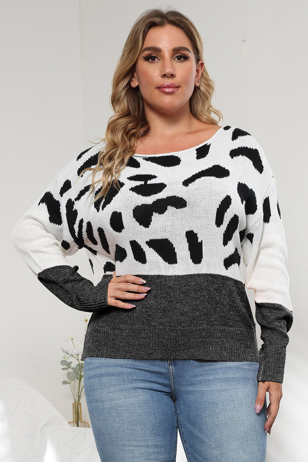 Plus Size Leopard Round Neck Long Sleeve Sweater - Flip Flop Dynasty
