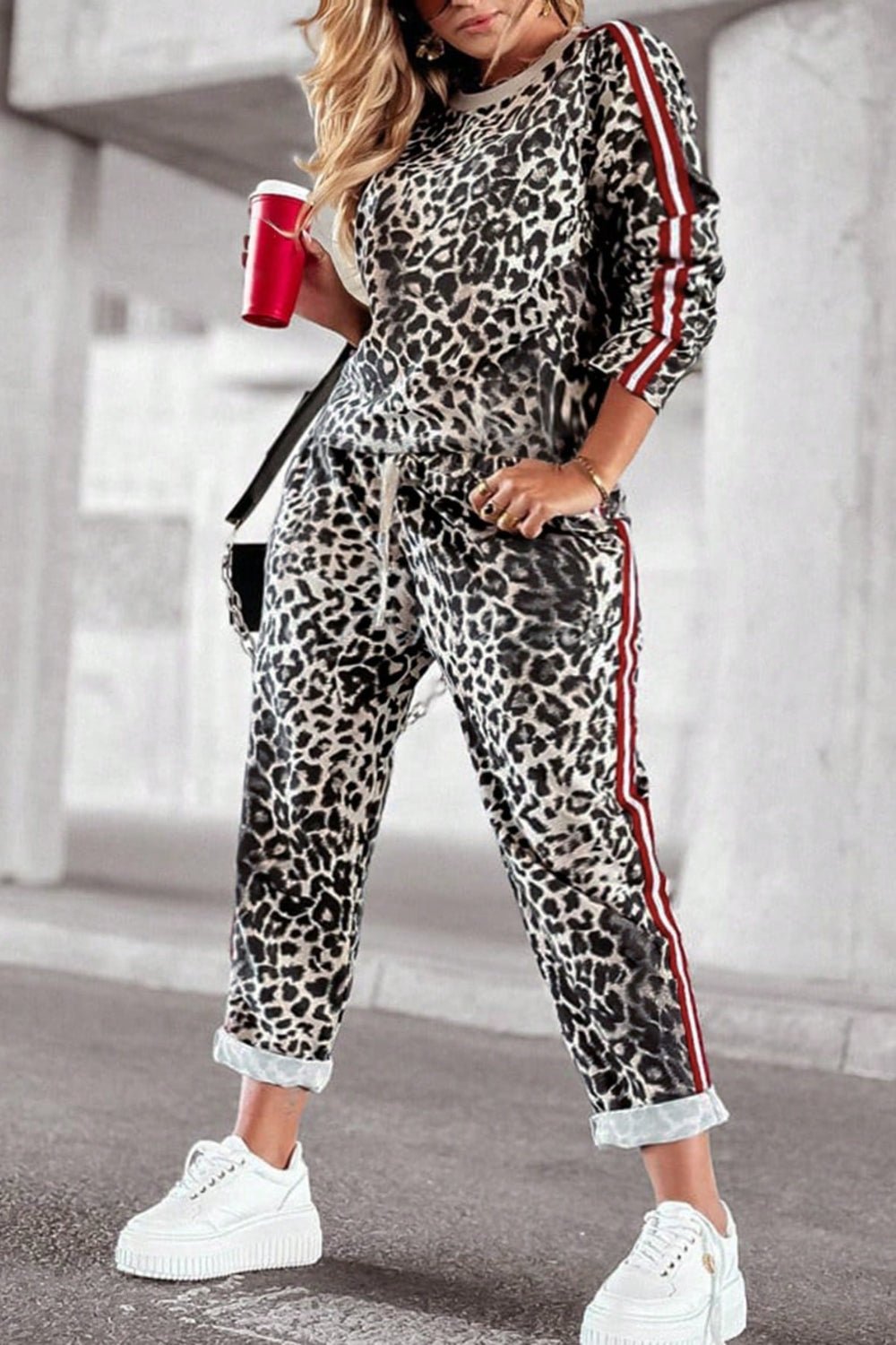 Plus Size Leopard Round Neck Top and Pants Set - Flip Flop Dynasty