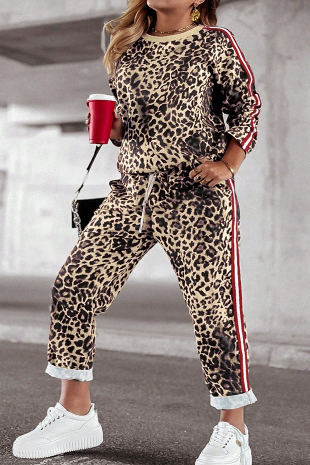 Plus Size Leopard Round Neck Top and Pants Set - Flip Flop Dynasty