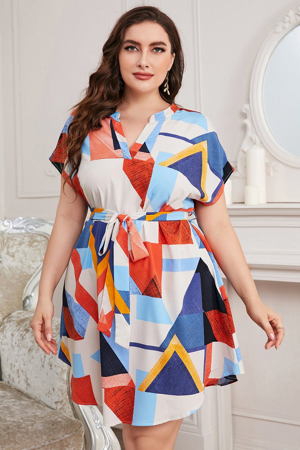 Plus Size Notched Neck Tie Waist Dress - Flip Flop Dynasty