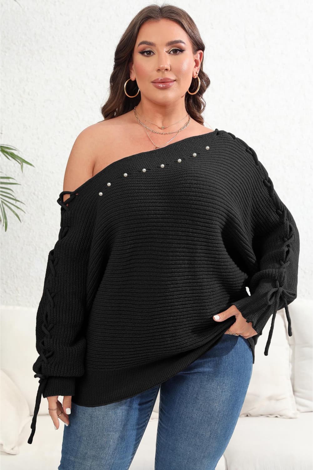 Plus Size One Shoulder Beaded Sweater - Flip Flop Dynasty