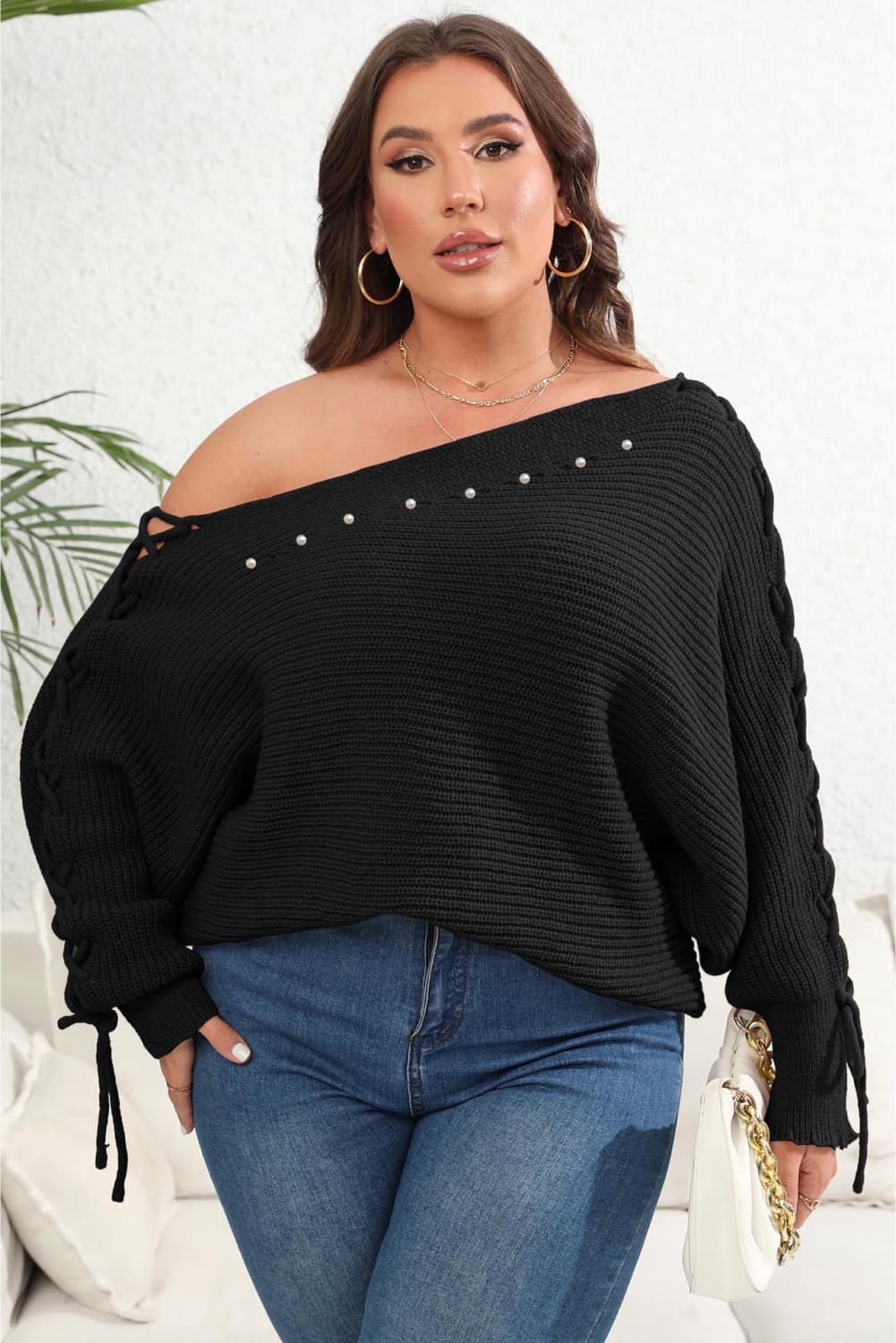 Plus Size One Shoulder Beaded Sweater - Flip Flop Dynasty