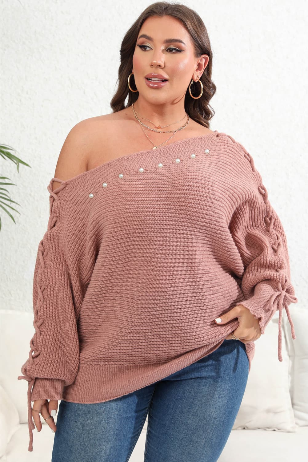 Plus Size One Shoulder Beaded Sweater - Flip Flop Dynasty