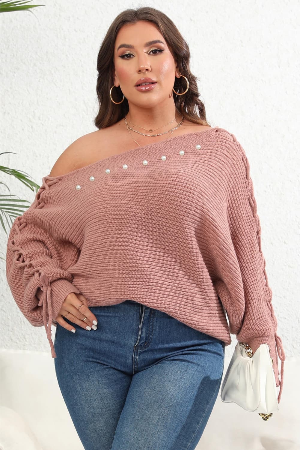 Plus Size One Shoulder Beaded Sweater - Flip Flop Dynasty