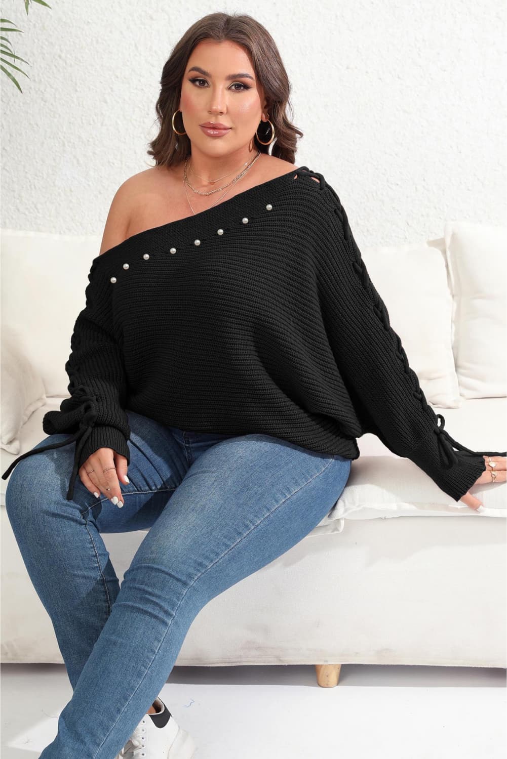 Plus Size One Shoulder Beaded Sweater - Flip Flop Dynasty