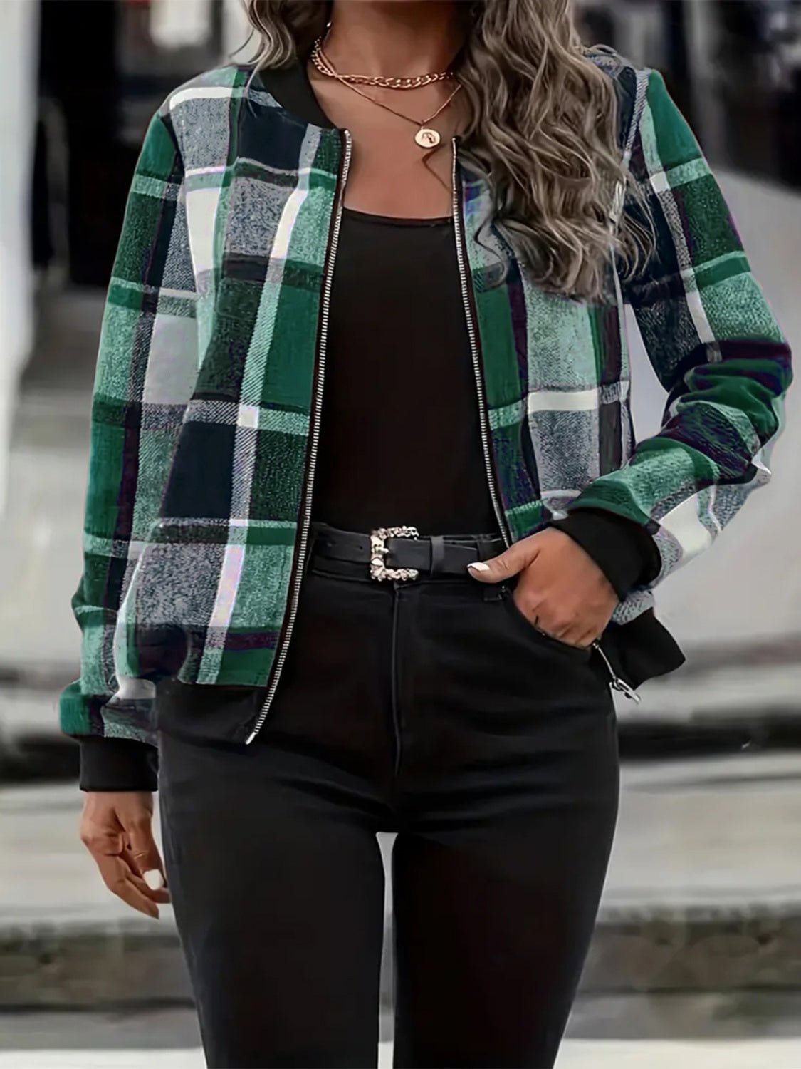 Plus Size Plaid Baseball Collar Zip Up Jacket - Flip Flop Dynasty