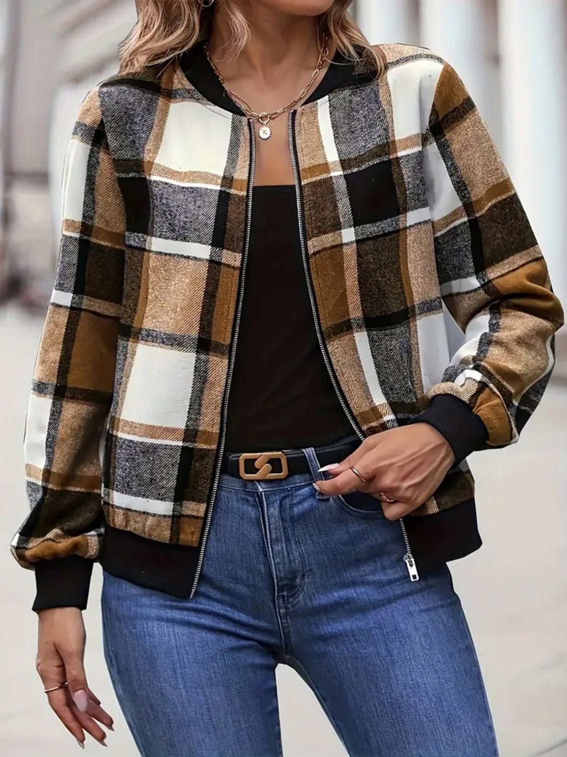 Plus Size Plaid Baseball Collar Zip Up Jacket - Flip Flop Dynasty