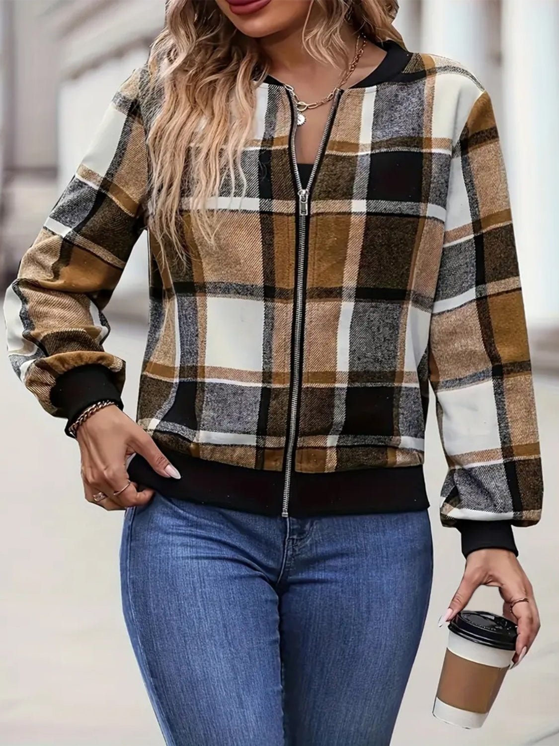 Plus Size Plaid Baseball Collar Zip Up Jacket - Flip Flop Dynasty