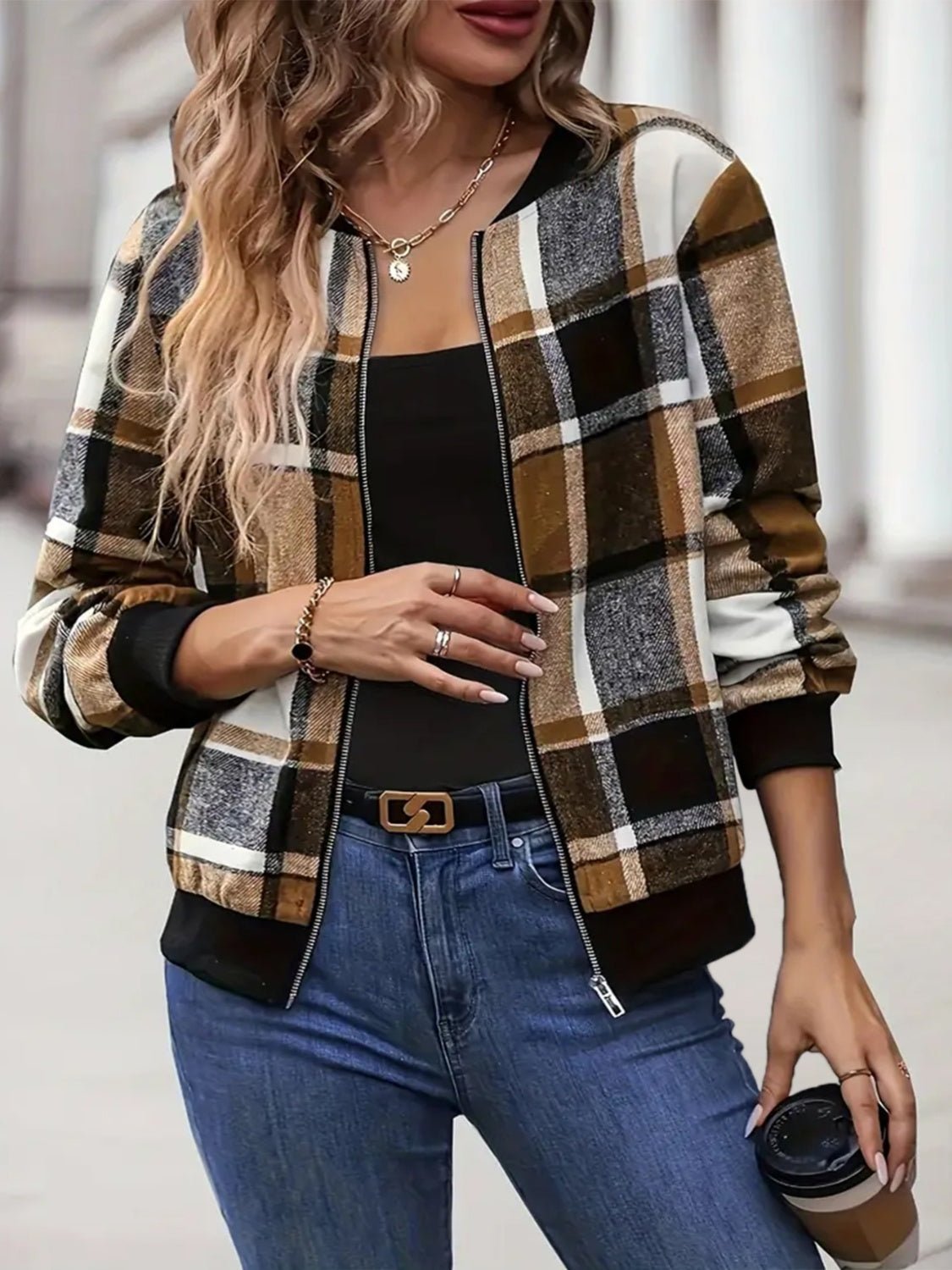 Plus Size Plaid Baseball Collar Zip Up Jacket - Flip Flop Dynasty