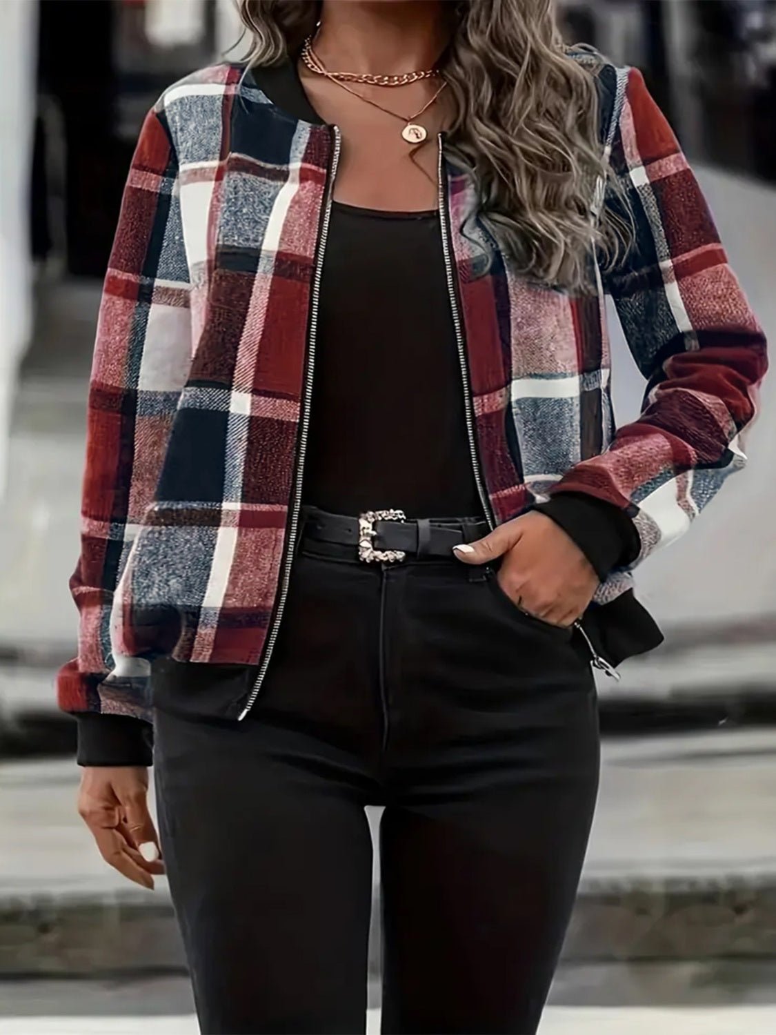 Plus Size Plaid Baseball Collar Zip Up Jacket - Flip Flop Dynasty