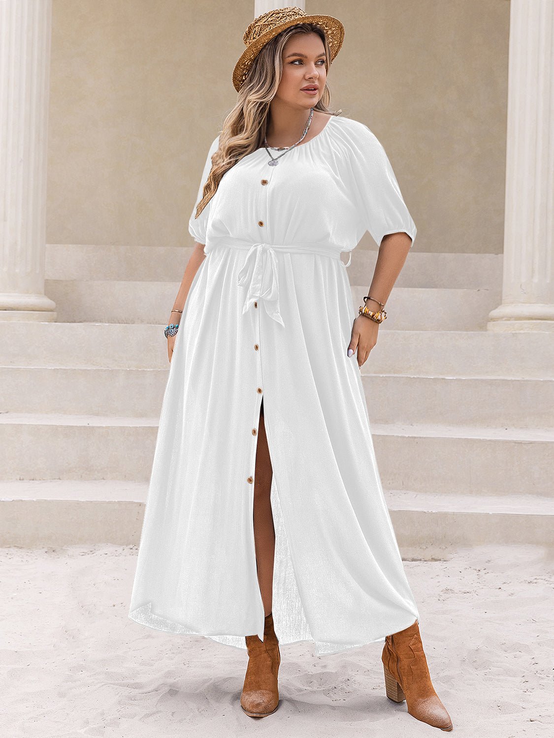 Plus Size Round Neck Half Sleeve Dress - Flip Flop Dynasty