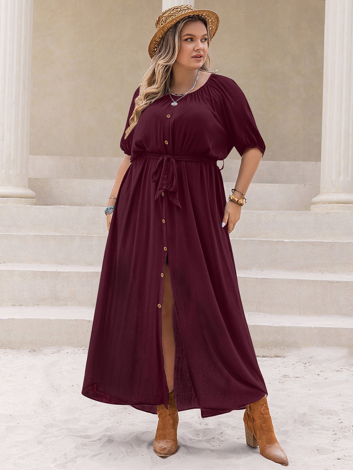 Plus Size Round Neck Half Sleeve Dress - Flip Flop Dynasty