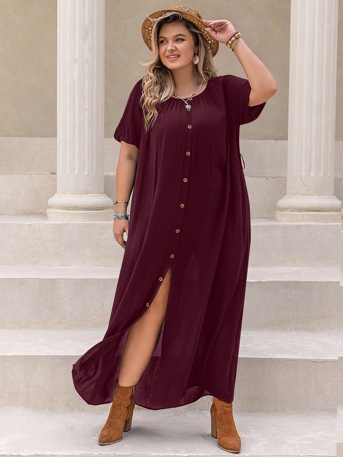 Plus Size Round Neck Half Sleeve Dress - Flip Flop Dynasty