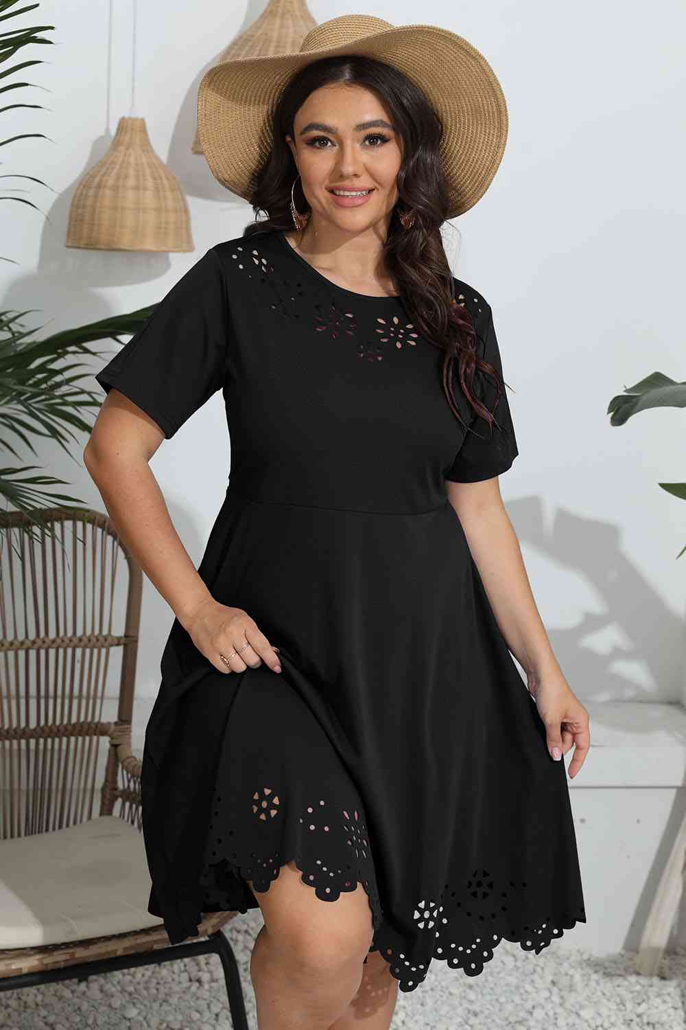 Plus Size Round Neck Openwork Dress - Flip Flop Dynasty