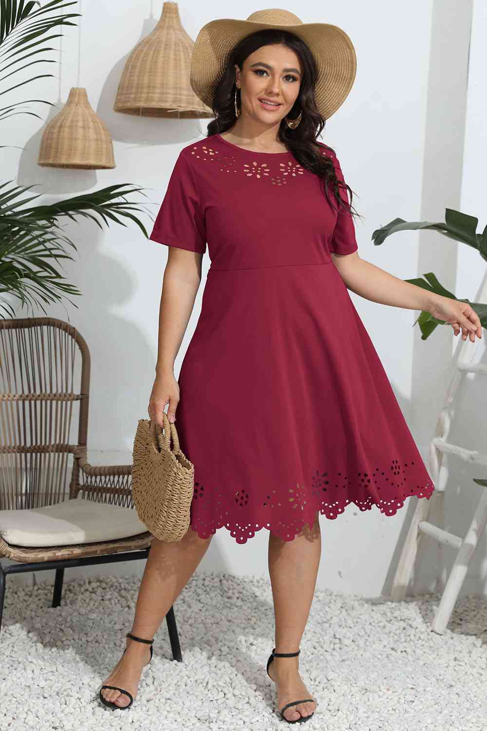 Plus Size Round Neck Openwork Dress - Flip Flop Dynasty