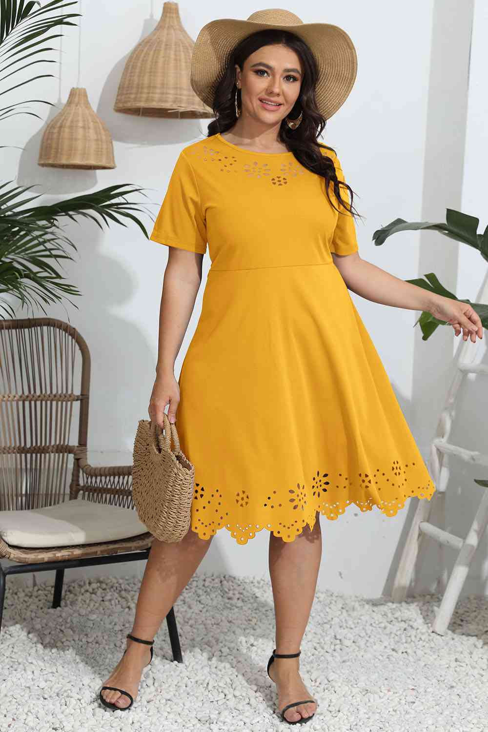 Plus Size Round Neck Openwork Dress - Flip Flop Dynasty